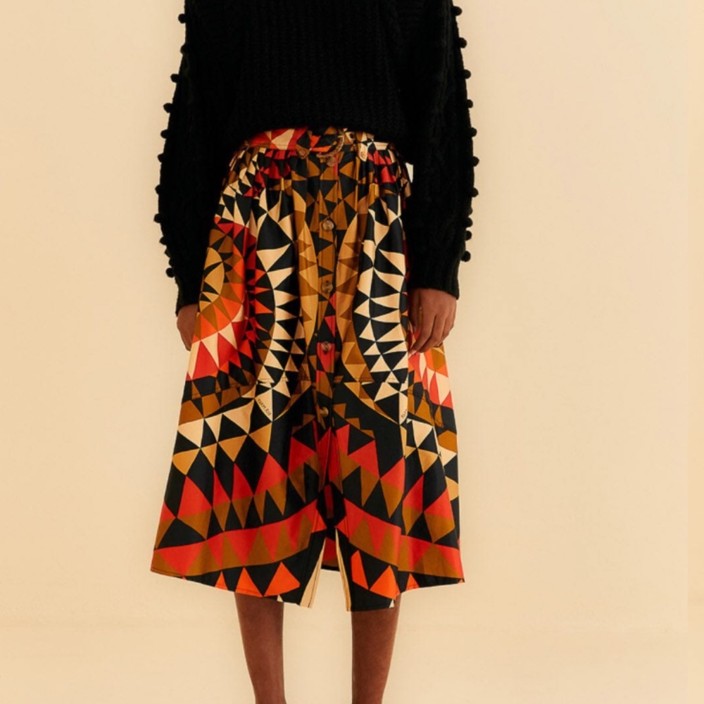 NWT Farm Rio Black Heart Deco Button Down Midi Skirt Size Medium